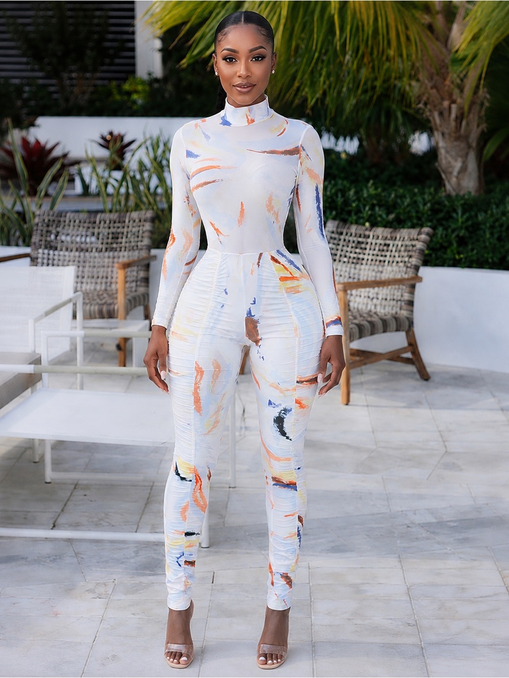 Abstract Print White High-Neck pant Set